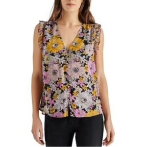 BB Dakota Floral Flutter Sleeve Button Loops Large Blouse - Pink, Yellow, Black